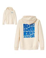 weißer Hoodie in Vorder und Rückenansicht. Vorne eine blaue kleine Schrift auf der linken Brustseite, hinten eine große blaue Schrift